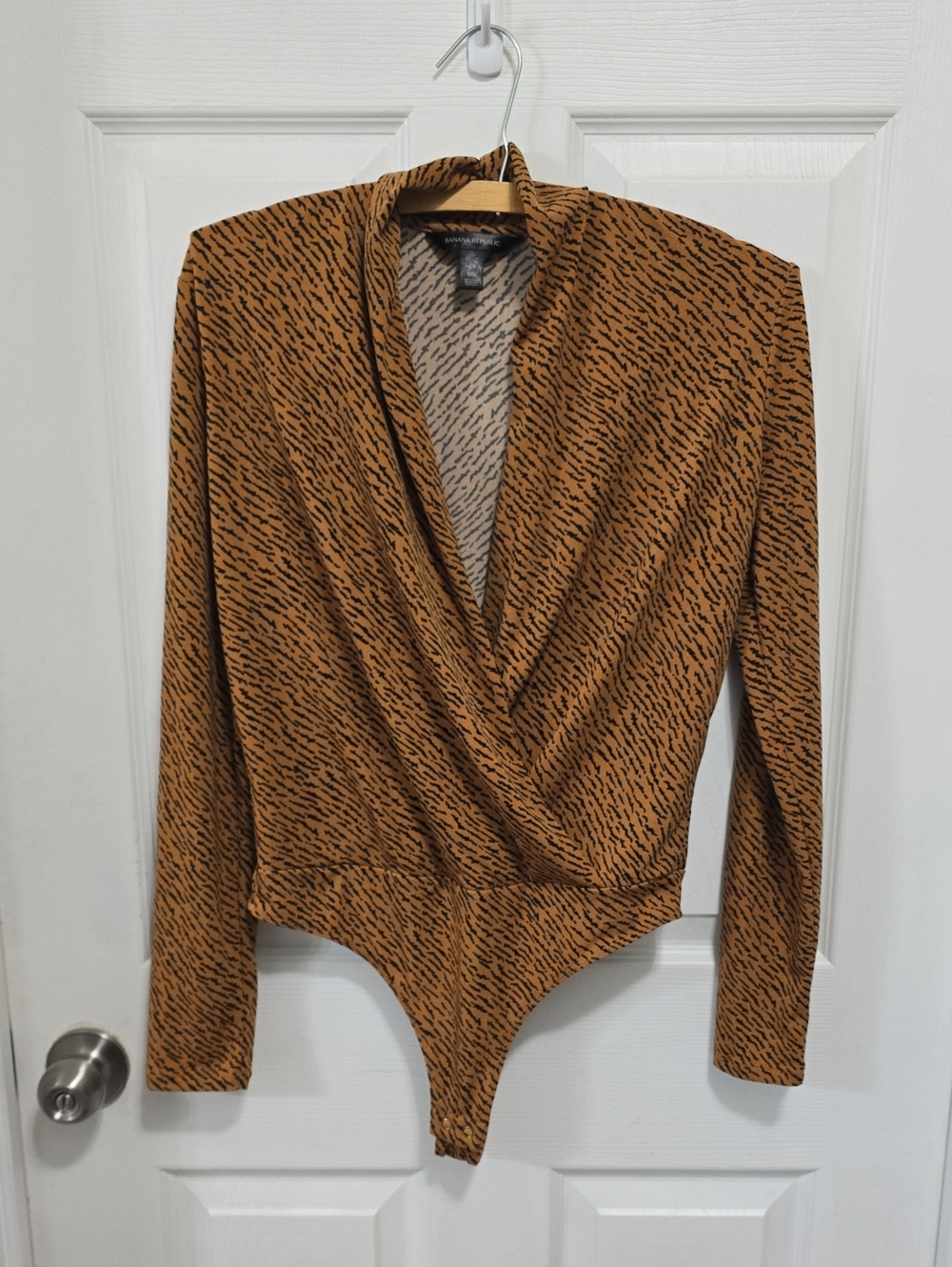 Banana Republic Tan and Black Abstract Tiger Print Bodysuit With Surplice Top -S